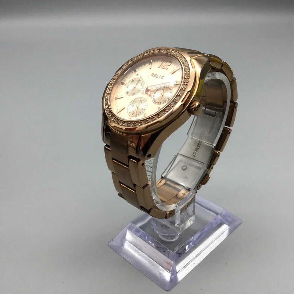 Relic Womens 37mm Gold Tone Watch Crystals Day Date Stainless New Battery 6.5